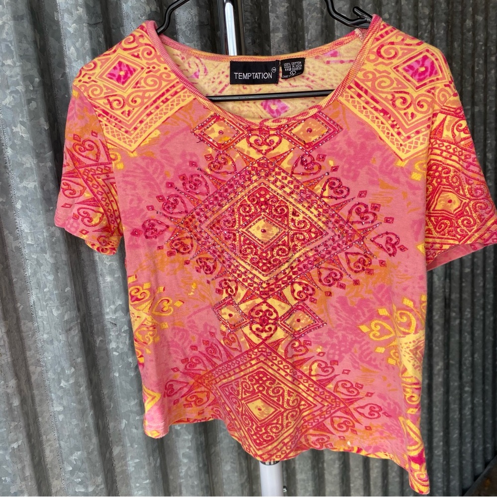 Y2K Pink & Yellow Beaded Eclectic Print Baby Tee Size Large